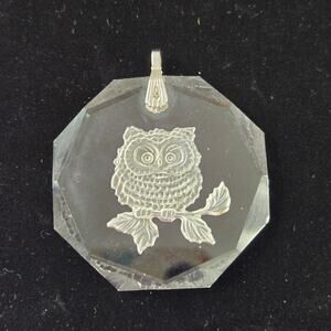 Vintage Clear 2" x 2" Acrylic Etched Owl Design Round Pendant with Silver Hook